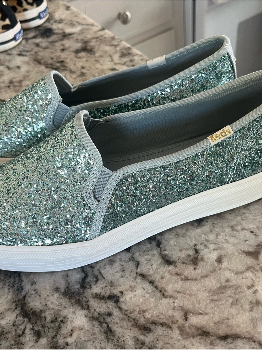 Kate Spade Keds Glitter Slip-On Shoes in Seafoam Blue
